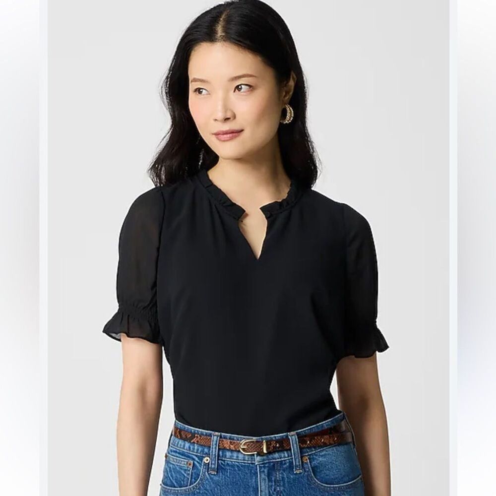 J. Crew Factory Scalloped Ruffle Collar Top NWT Size XXL Black Chiffon Dressy
